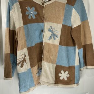 Christopher & Banks Blue and Brown Checkered Cardigan